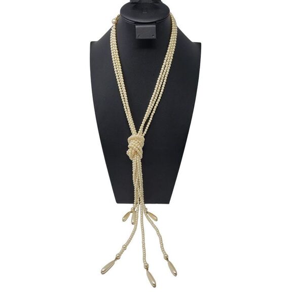 Vintage Signed Liz Claiborne Multi Strand Faux Pearl Tassel Lariat Necklace - Picture 5 of 14